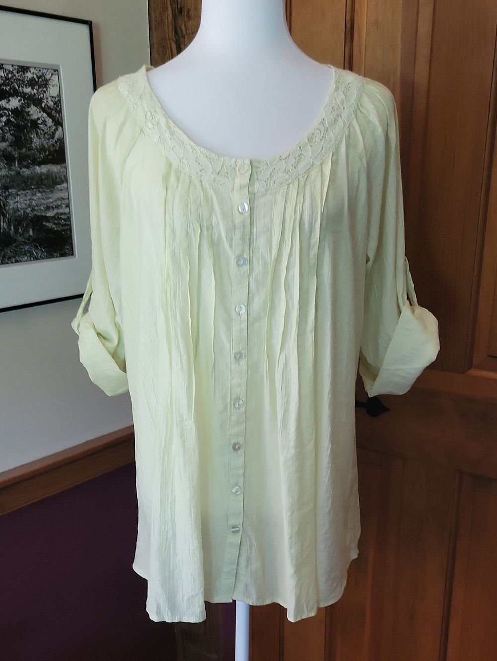 Hester & Orchard Pale Citron Lime Lace-Trim Button Front Boho Cottagecore Blouse